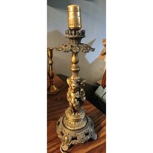 Vintage French Art Nouveau Solid Brass Gold Cherub Lamp‎ Base, Ornate, Tested